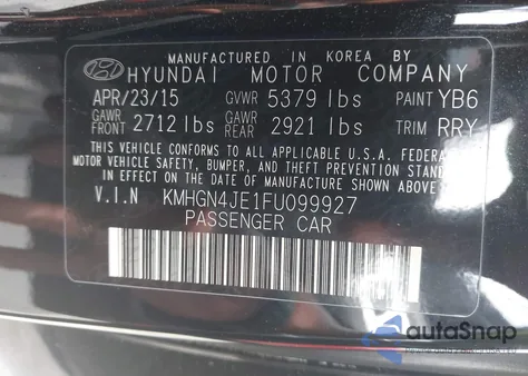 2015 Hyundai Genesis 3.8 from USA, damaged, VIN KMHGN4JE1FU099927
